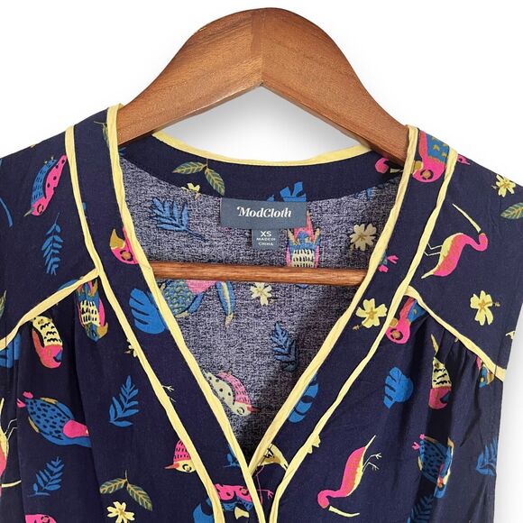 ModCloth Navy Blue Cafe Au Soleil Tropical Birds Sleeveless Dress Size XS - Picture 3 of 11